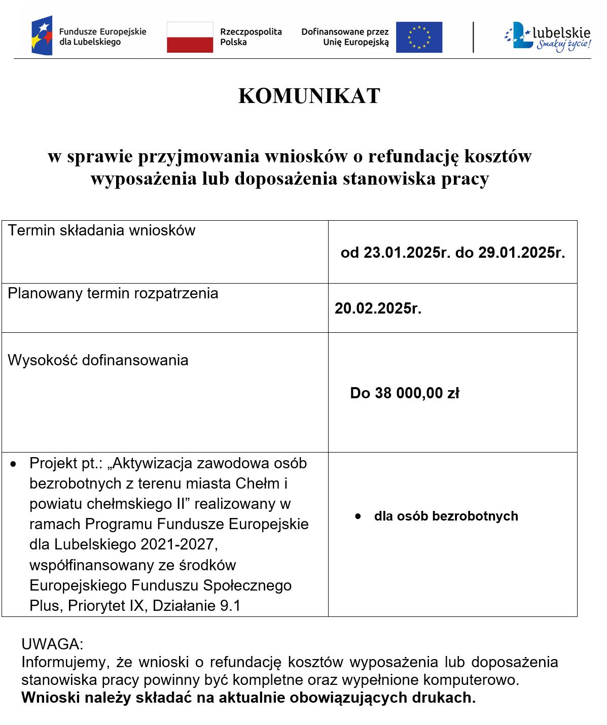 KOMUNIKAT w sprawie przyjmowania wniosków o refundację kosztów wyposażenia lub doposażenia stanowiska pracy_01_25